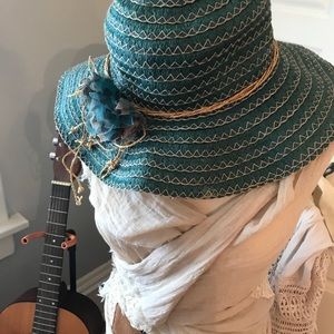 Beautiful turquoise floppy boho hat with Flowers